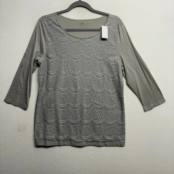 NWT LOFT Lace Front Shirt Gray L 3/4 Sleeve - Picture 1 of 8